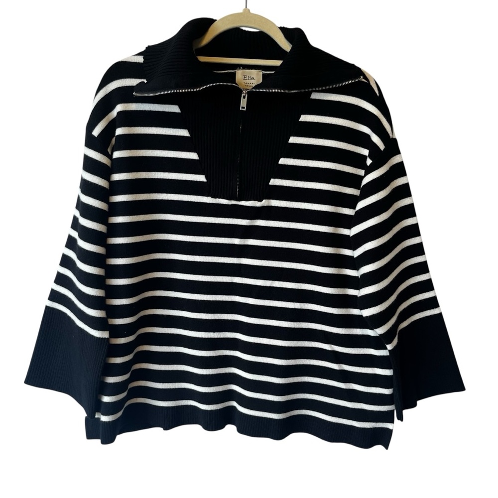 Elie Tahari pullover sweater XL Black white striped Heavy knit 1/4 zip Womens - Picture 3 of 8